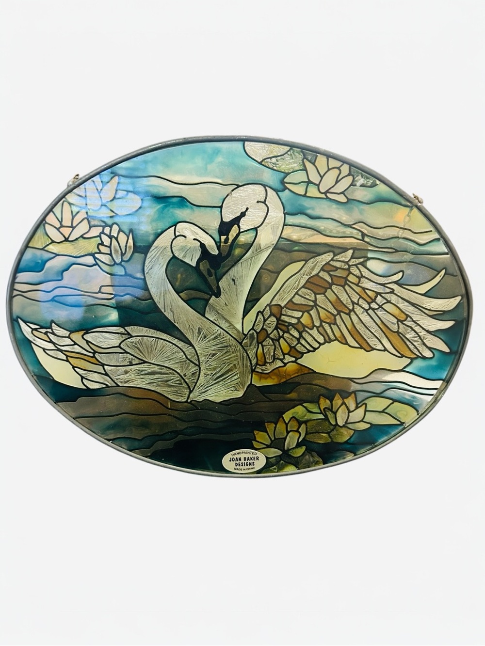 Vtg Handpainted Joan Baker Stained Glass Swan Love Birds Water Suncatcher.